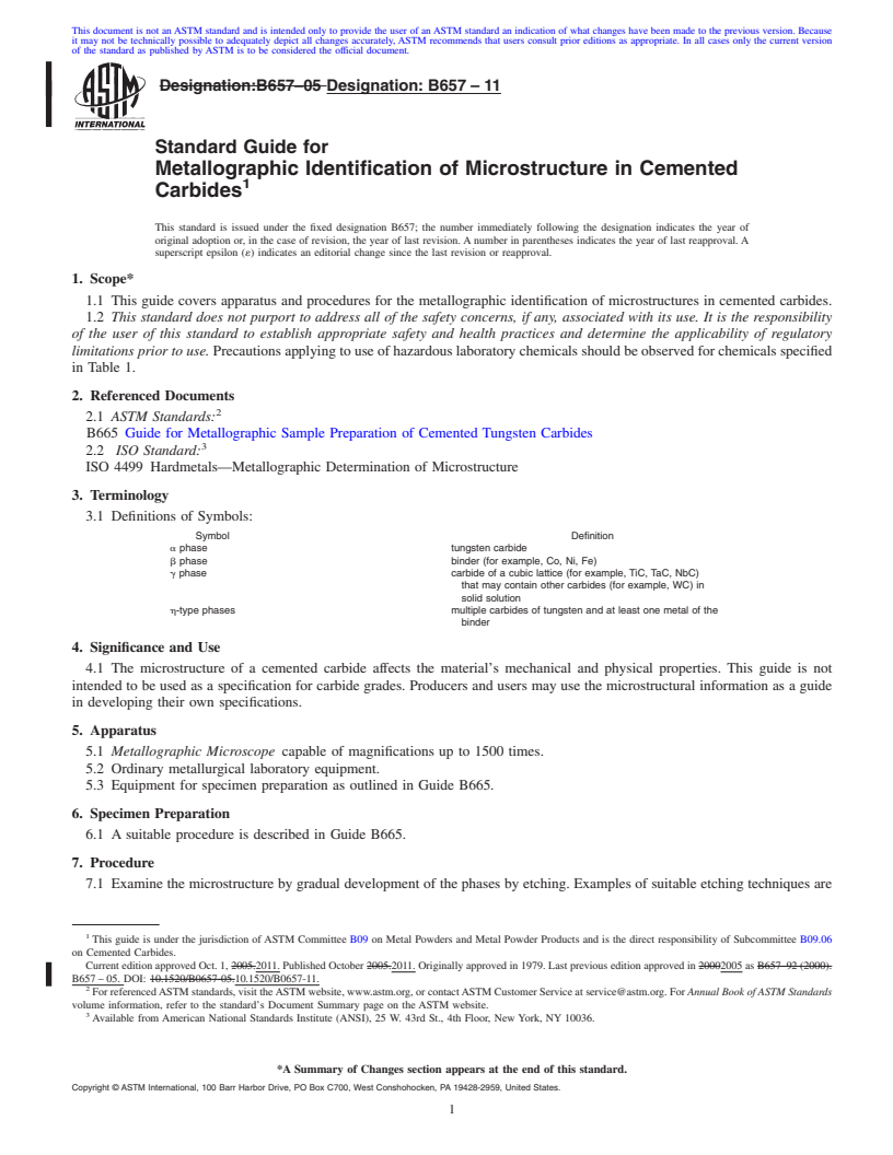 REDLINE ASTM B657-11 - Guide for Metallographic Identification of Microstructure in Cemented Carbides