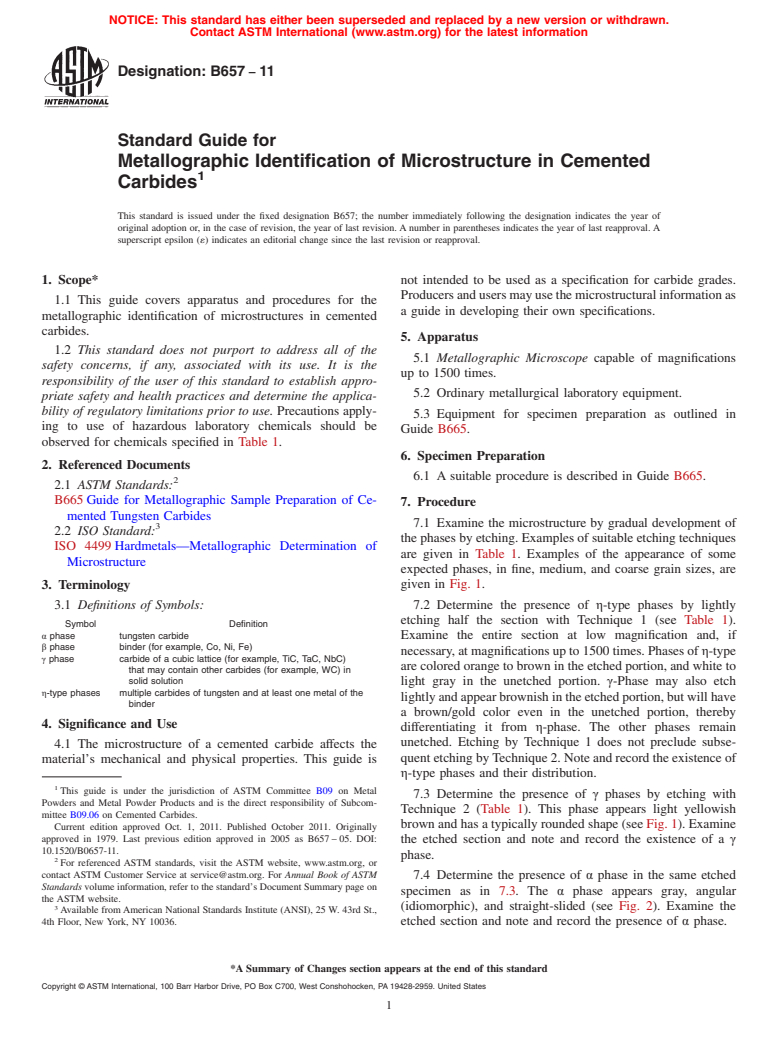 ASTM B657-11 - Guide for Metallographic Identification of Microstructure in Cemented Carbides