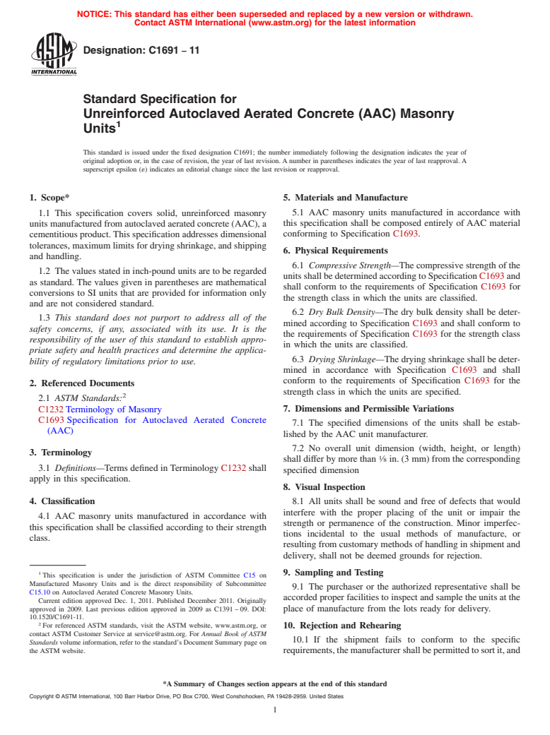 ASTM C1691-11 - Standard Specification for Unreinforced Autoclaved Aerated Concrete (AAC) Masonry Units