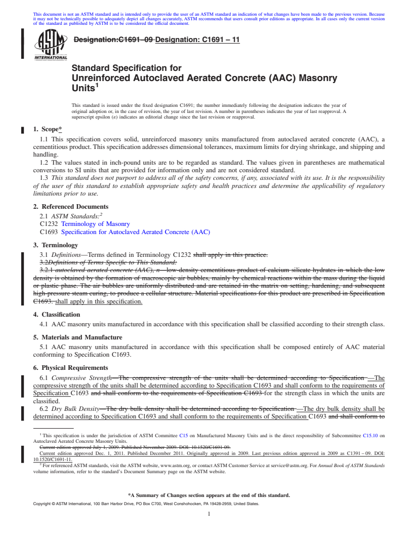 REDLINE ASTM C1691-11 - Standard Specification for Unreinforced Autoclaved Aerated Concrete (AAC) Masonry Units