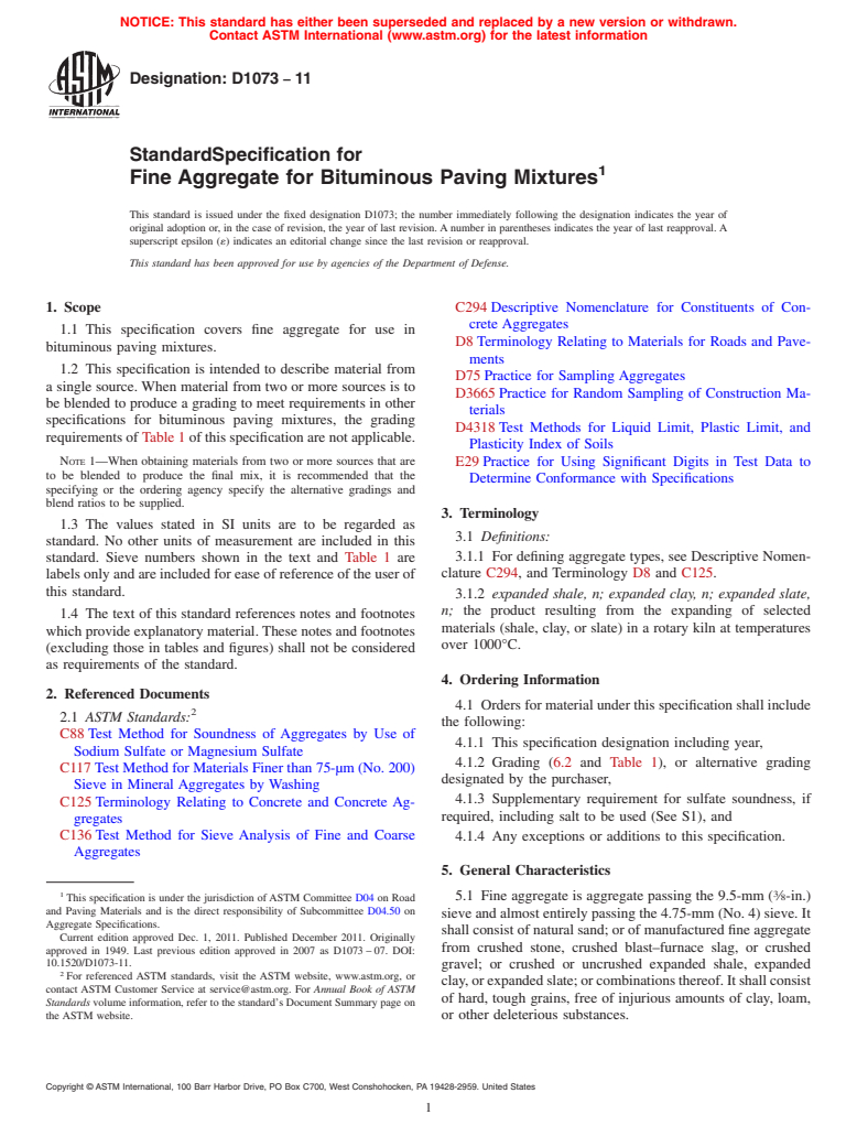 ASTM D1073-11 - Standard Specification for  Fine Aggregate for Bituminous Paving Mixtures