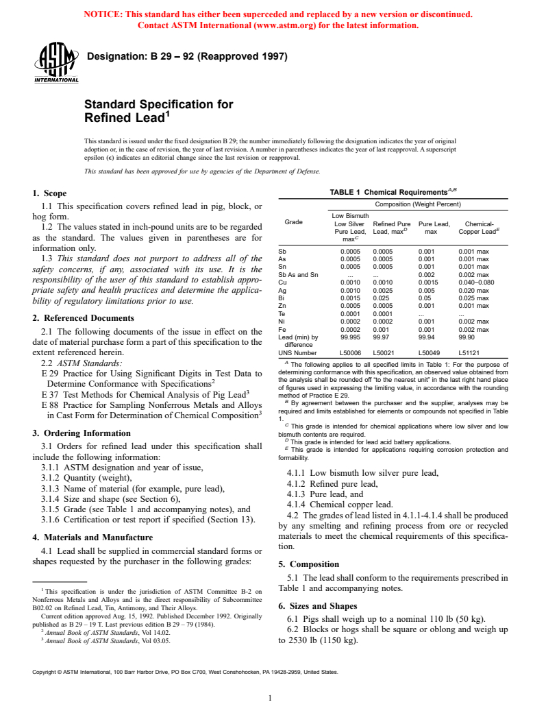 ASTM B29-92(1997) - Standard Specification for Refined Lead