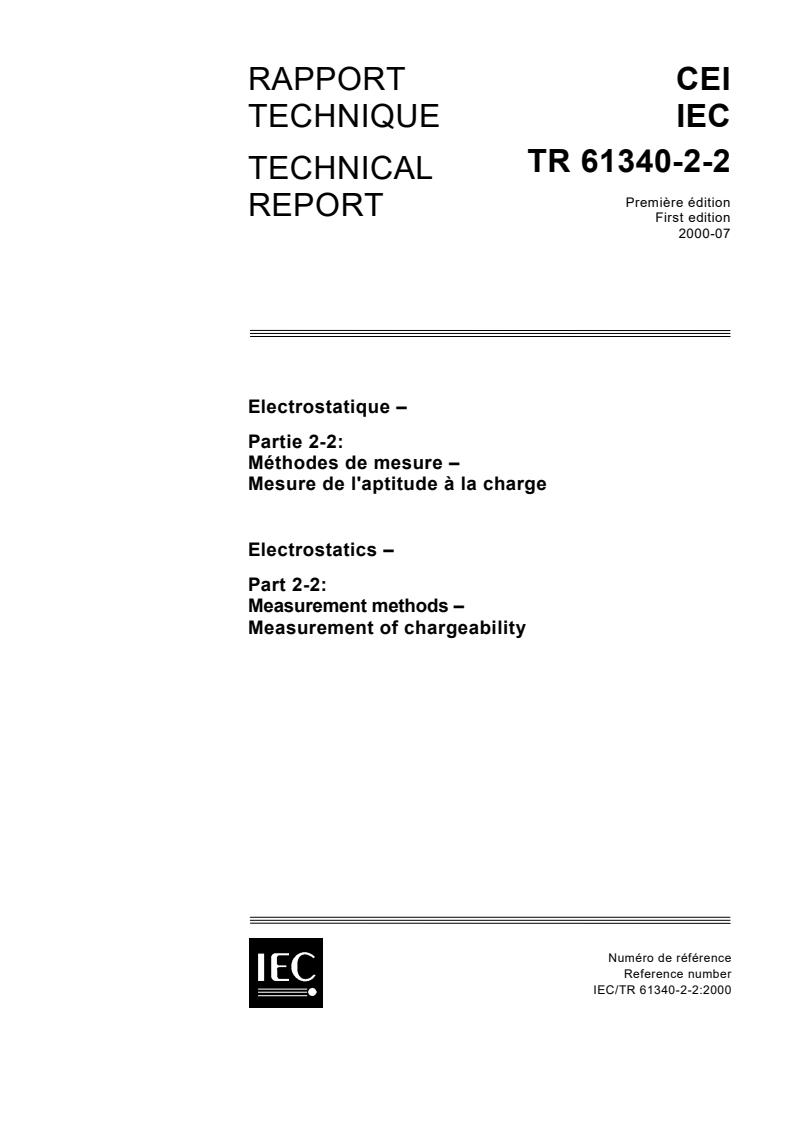 IEC TR 61340-2-2:2000 - Electrostatics - Part 2-2: Measurement methods - Measurement of chargeability