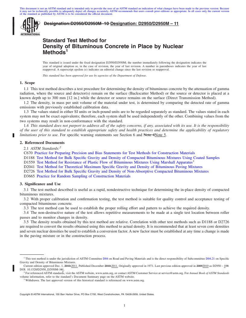 REDLINE ASTM D2950/D2950M-11 - Standard Test Method for Density of Bituminous Concrete in Place by Nuclear Methods