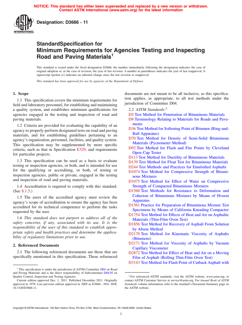 ASTM D3666-11 - Standard Specification for Minimum Requirements for Agencies Testing and Inspecting Road and Paving Materials