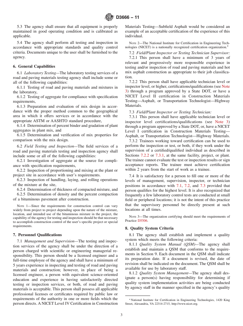 ASTM D3666-11 - Standard Specification for Minimum Requirements for Agencies Testing and Inspecting Road and Paving Materials