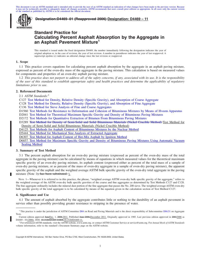 REDLINE ASTM D4469-11 - Standard Practice for Calculating Percent Asphalt Absorption by the Aggregate in an Asphalt Pavement Mixture