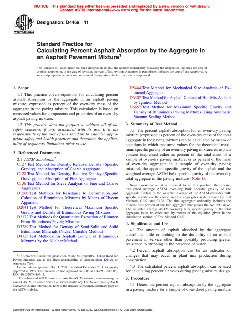 ASTM D4469-11 - Standard Practice for Calculating Percent Asphalt Absorption by the Aggregate in an Asphalt Pavement Mixture