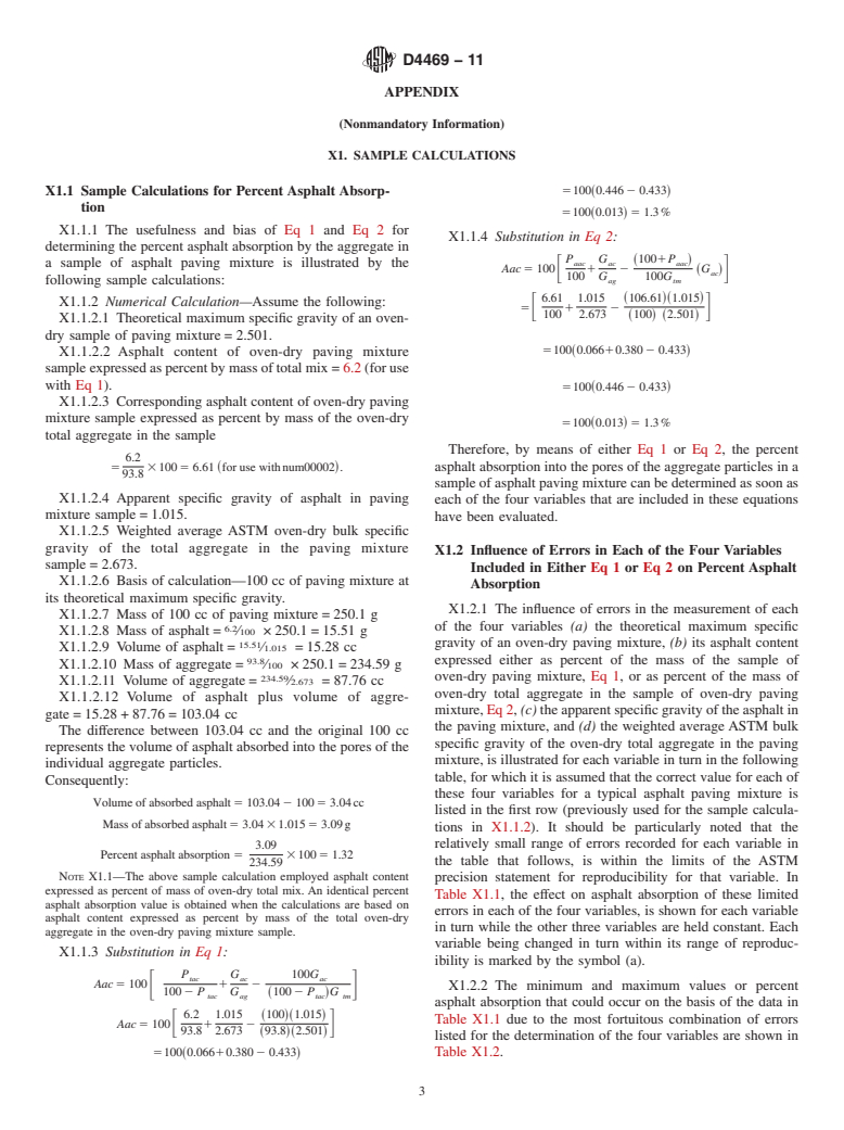 ASTM D4469-11 - Standard Practice for Calculating Percent Asphalt Absorption by the Aggregate in an Asphalt Pavement Mixture