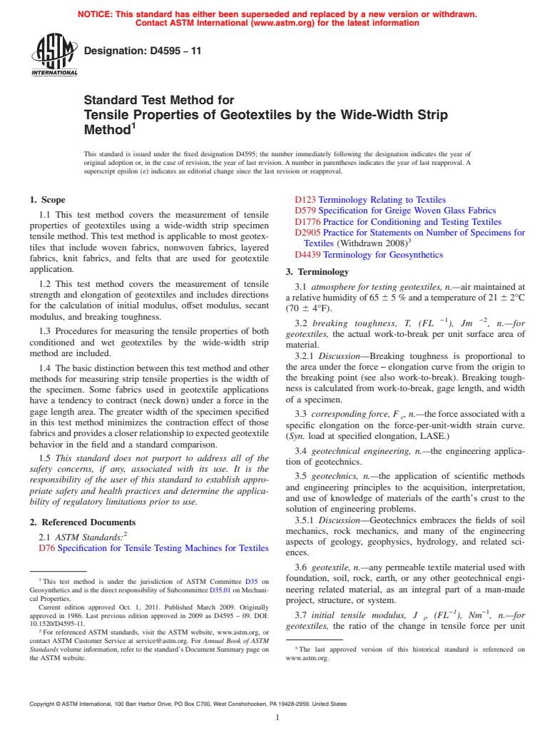 ASTM D4595-11 - Standard Test Method for Tensile Properties of Geotextiles by the Wide-Width Strip Method