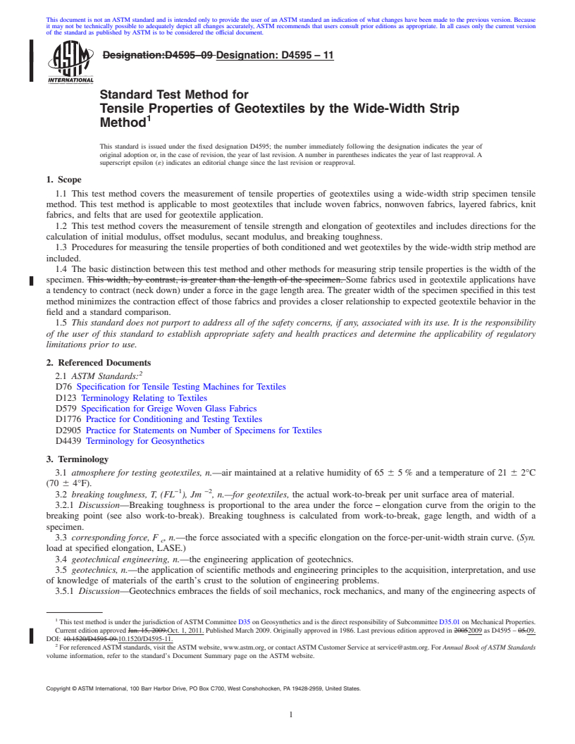 REDLINE ASTM D4595-11 - Standard Test Method for Tensile Properties of Geotextiles by the Wide-Width Strip Method