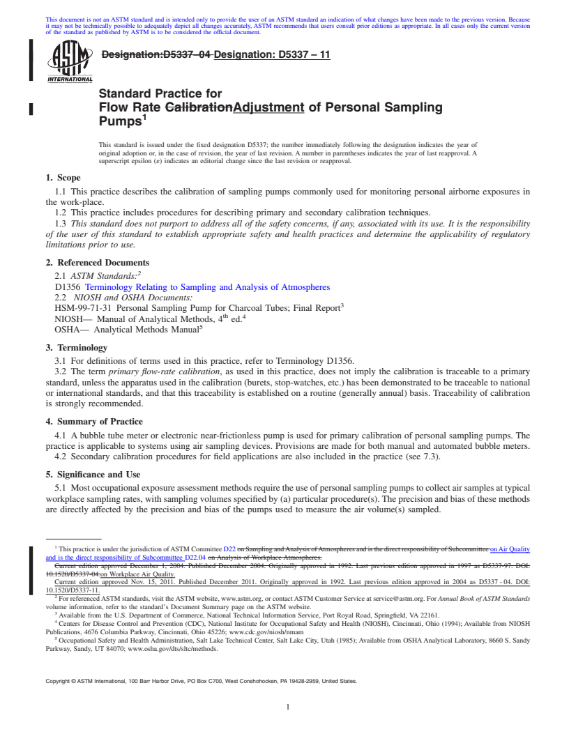 REDLINE ASTM D5337-11 - Standard Practice for Flow Rate for Calibration of Personal Sampling Pumps