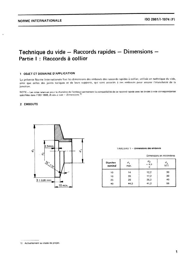 ISO 2861-1:1974 - Technique du vide -- Raccords rapides -- Dimensions