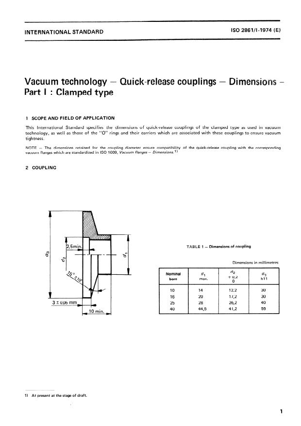 ISO 2861-1:1974 - Vacuum technology -- Quick-release couplings -- Dimensions