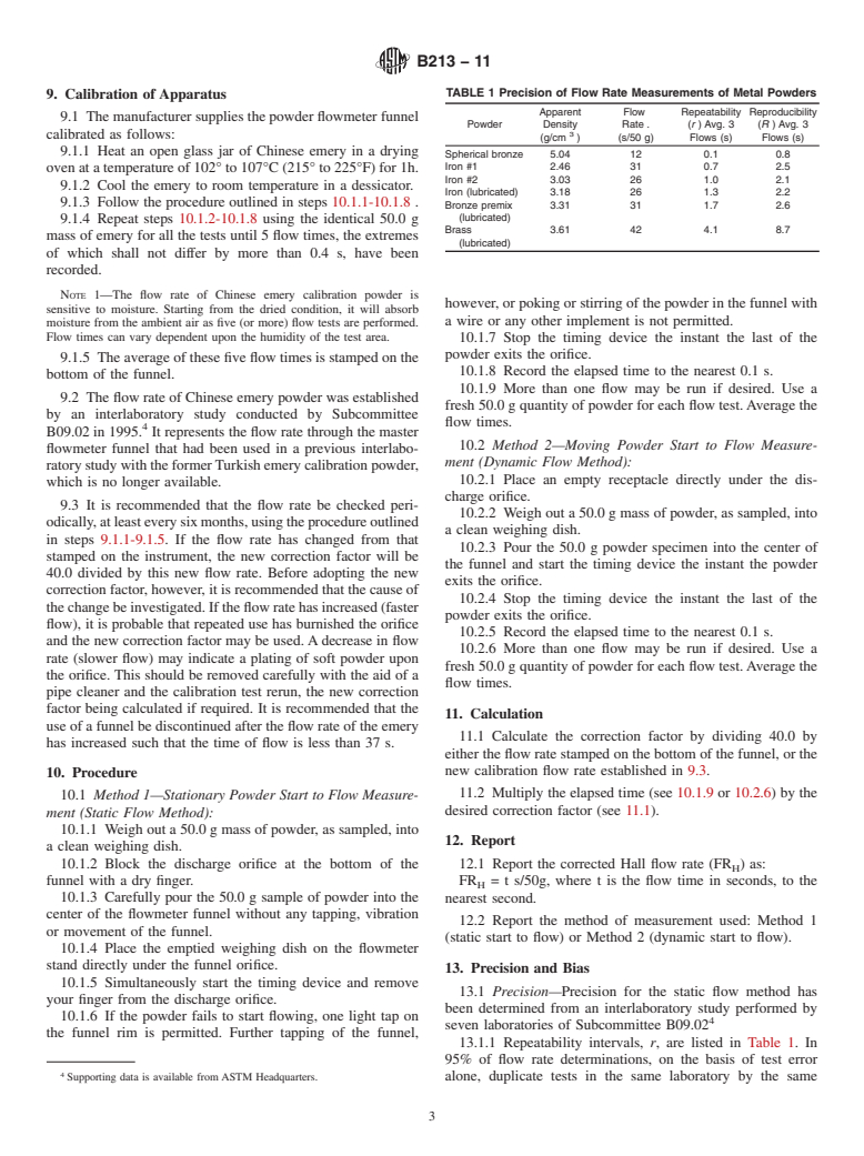 ASTM B213-11 - Standard Test Methods for  Flow Rate of Metal Powders Using the Hall Flowmeter Funnel