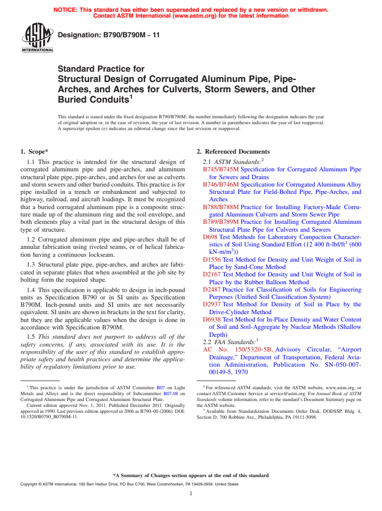 ASTM B790/B790M-11 - Standard Practice for Structural Design of Corrugated Aluminum Pipe, Pipe-Arches, and Arches for Culverts, Storm Sewers, and Other Buried Conduits