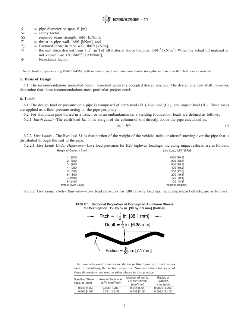 REDLINE ASTM B790/B790M-11 - Standard Practice for Structural Design of Corrugated Aluminum Pipe, Pipe-Arches, and Arches for Culverts, Storm Sewers, and Other Buried Conduits