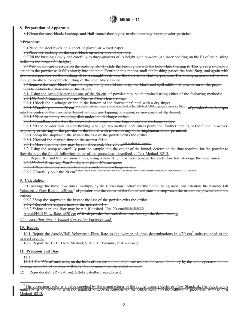 REDLINE ASTM B855-11 - Standard Test Method for Volumetric Flow Rate of Metal Powders Using the Arnold Meter and Hall Flowmeter Funnel