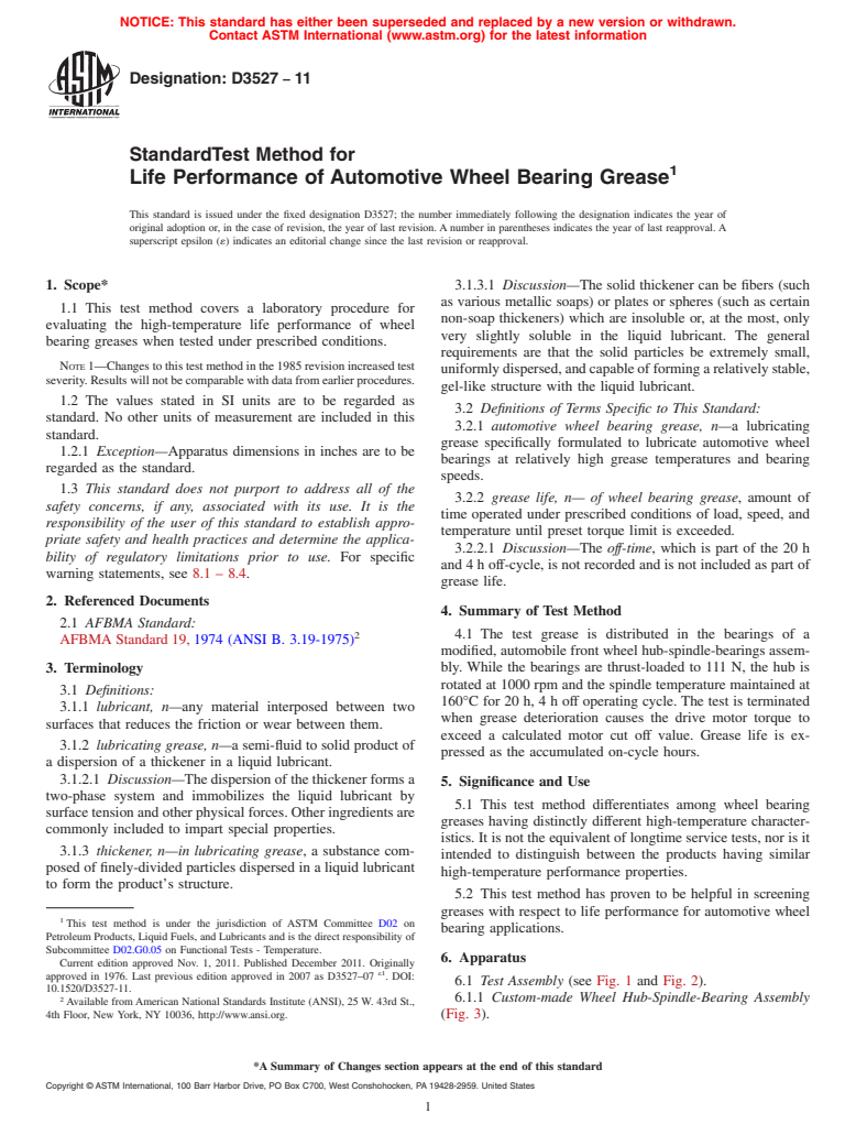 ASTM D3527-11 - Standard Test Method for Life Performance of Automotive Wheel Bearing Grease