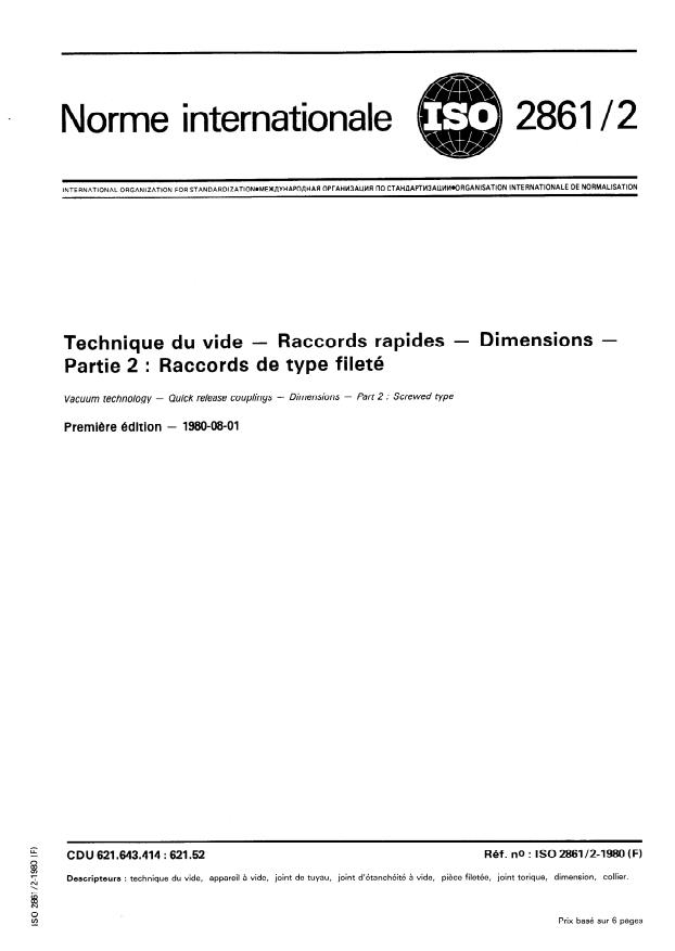 ISO 2861-2:1980 - Technique du vide -- Raccords rapides -- Dimensions
