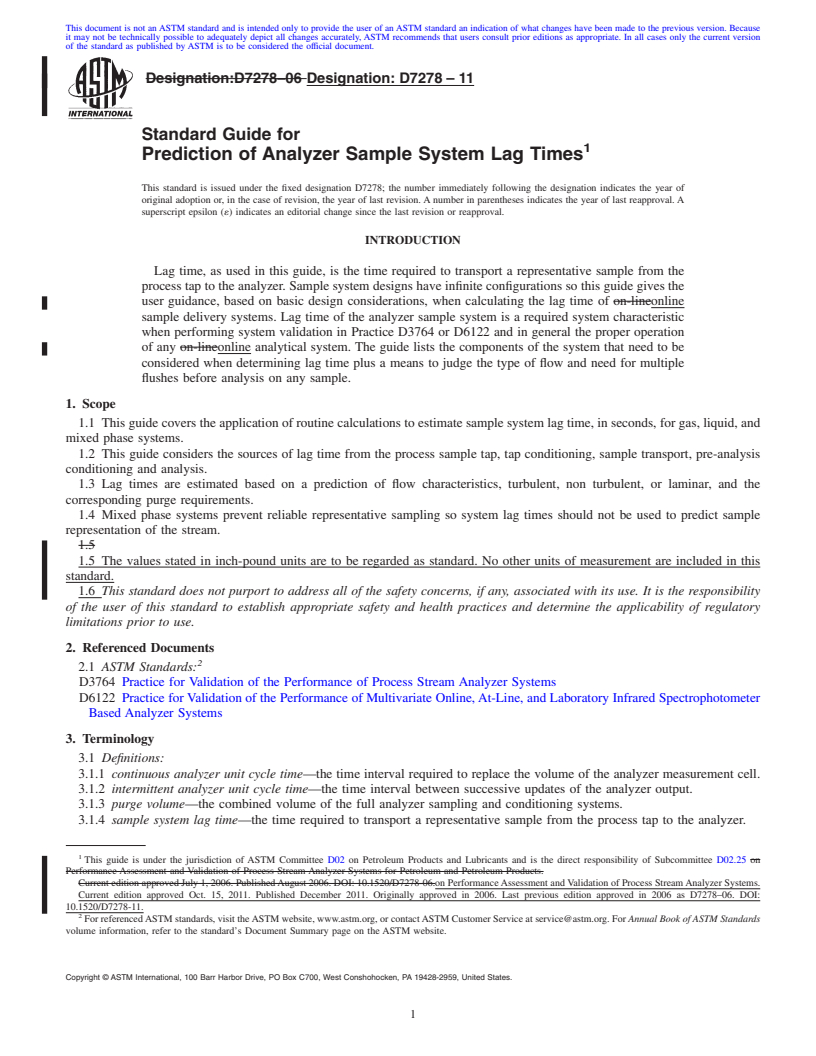 REDLINE ASTM D7278-11 - Standard Guide for Prediction of Analyzer Sample System Lag Times