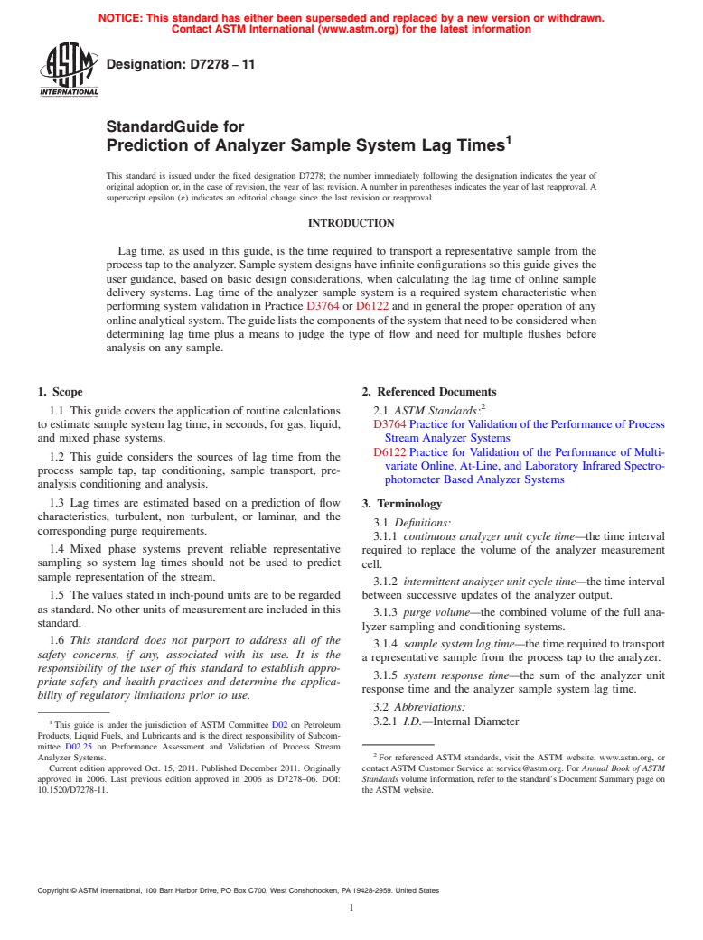 ASTM D7278-11 - Standard Guide for Prediction of Analyzer Sample System Lag Times