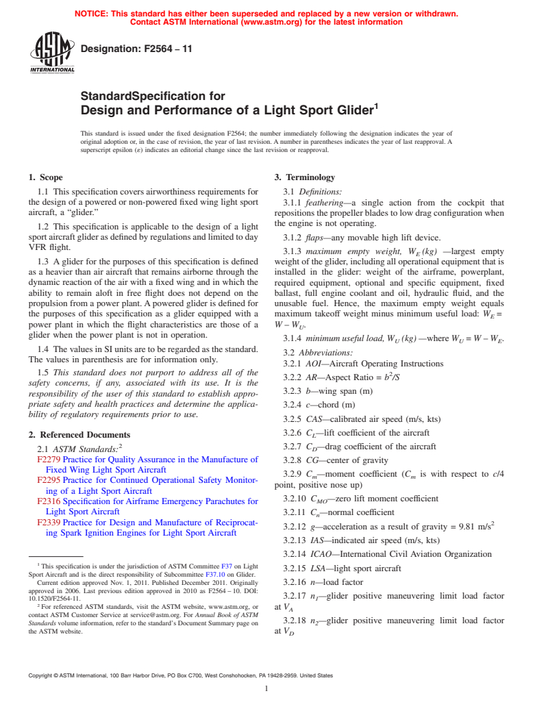 ASTM F2564-11 - Standard Specification for Design and Performance of a Light Sport Glider