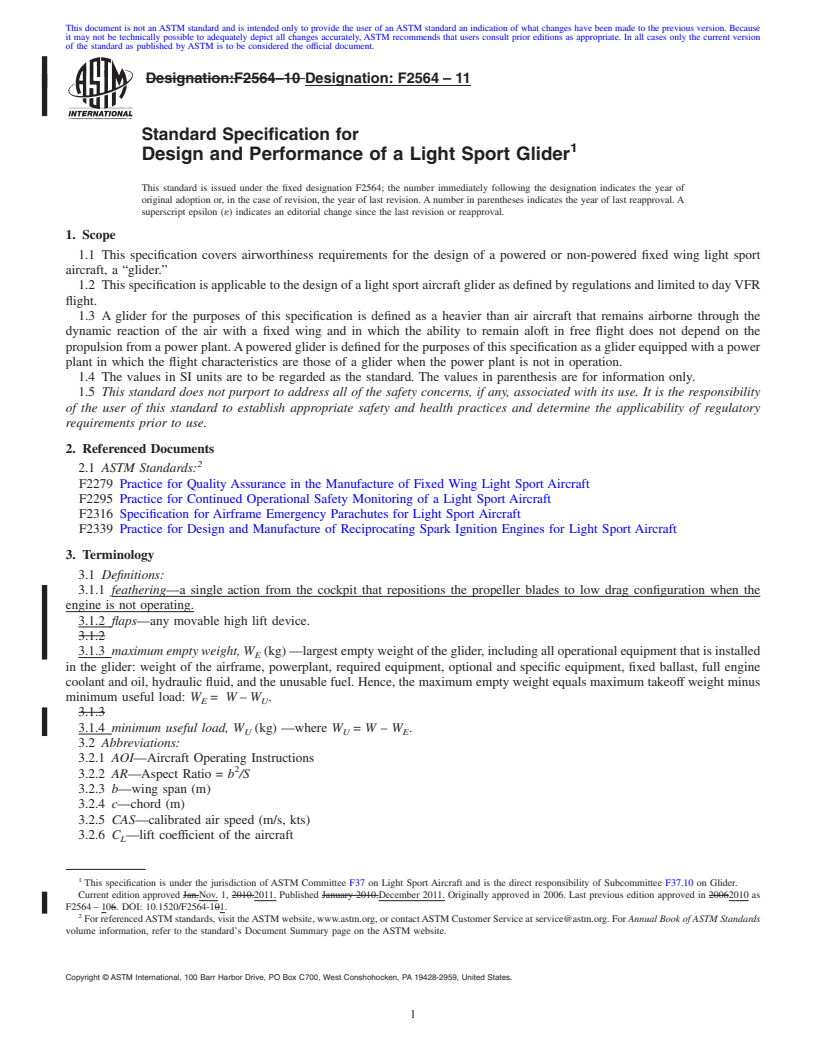 REDLINE ASTM F2564-11 - Standard Specification for Design and Performance of a Light Sport Glider