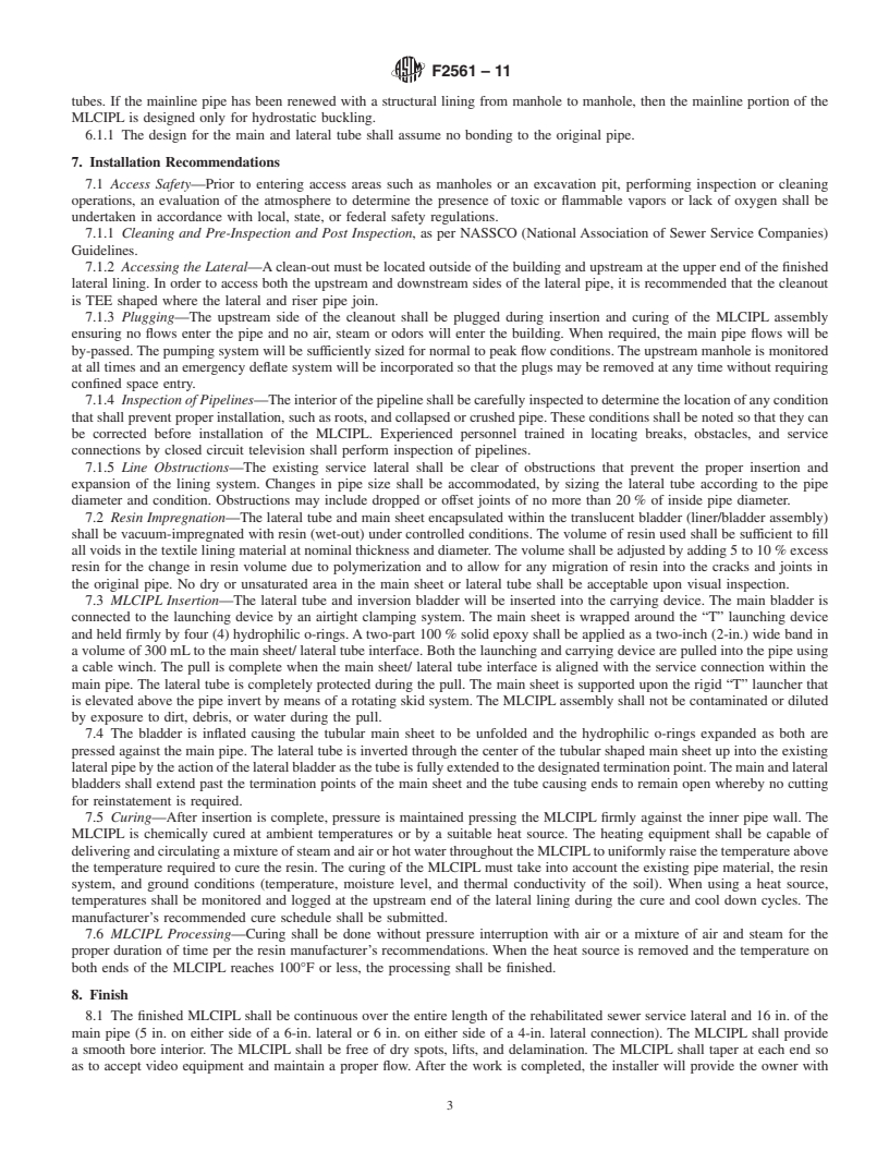 REDLINE ASTM F2561-11 - Standard Practice for Rehabilitation of a Sewer Service Lateral and Its Connection to the Main Using a One Piece Main and Lateral Cured-in-Place Liner