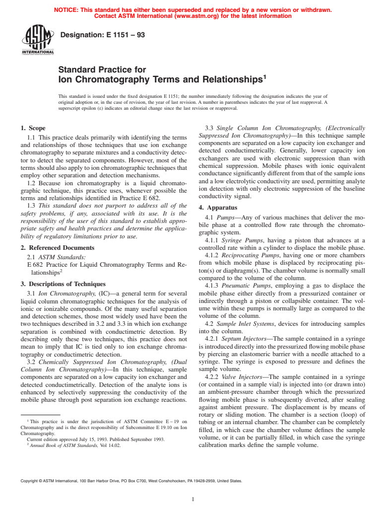 ASTM E1151-93 - Standard Practice for Ion Chromatography Terms and Relationships