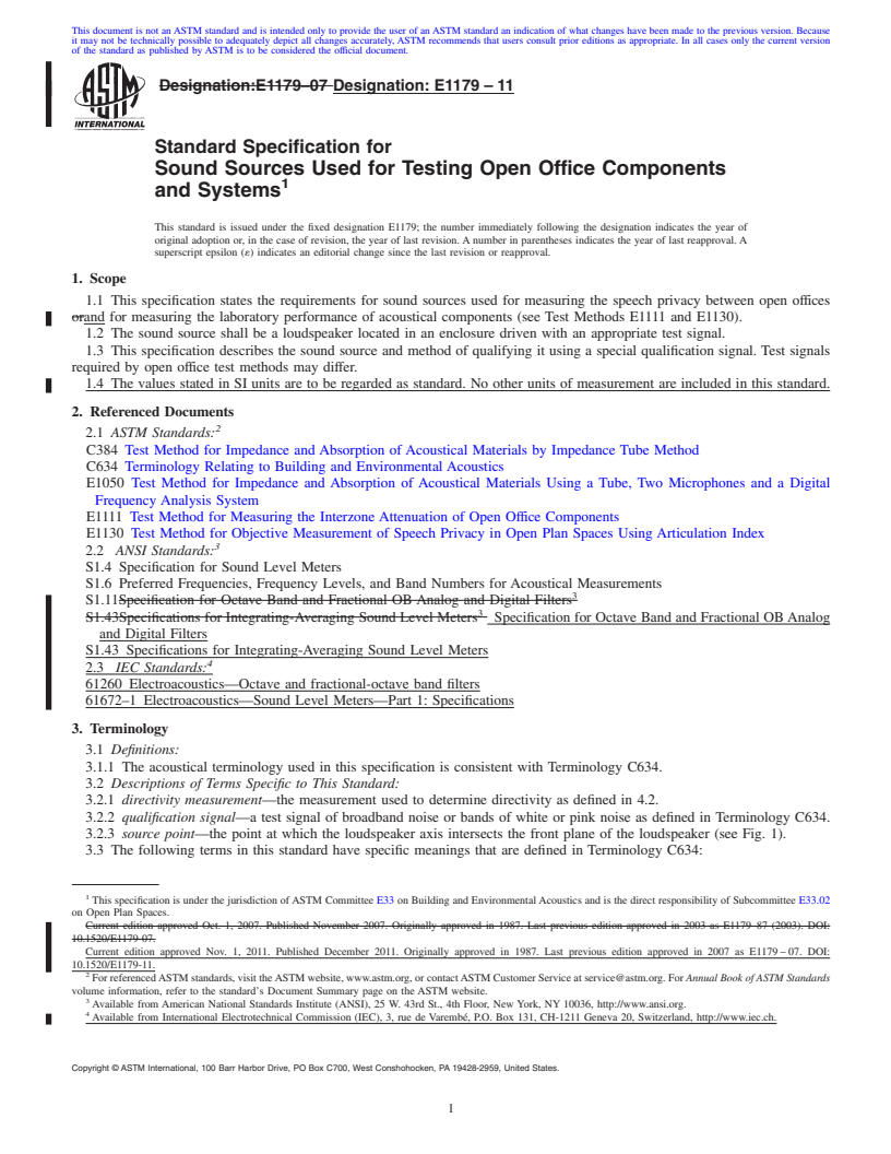 REDLINE ASTM E1179-11 - Standard Specification for Sound Sources Used for Testing Open Office Components and Systems