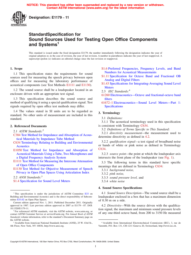 ASTM E1179-11 - Standard Specification for Sound Sources Used for Testing Open Office Components and Systems