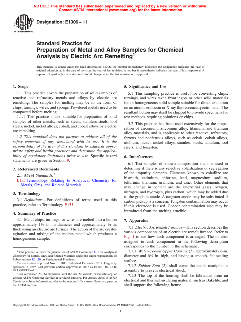 ASTM E1306-11 - Standard Practice for Preparation of Metal and Alloy Samples by Electric Arc Remelting for the Determination of Chemical Composition