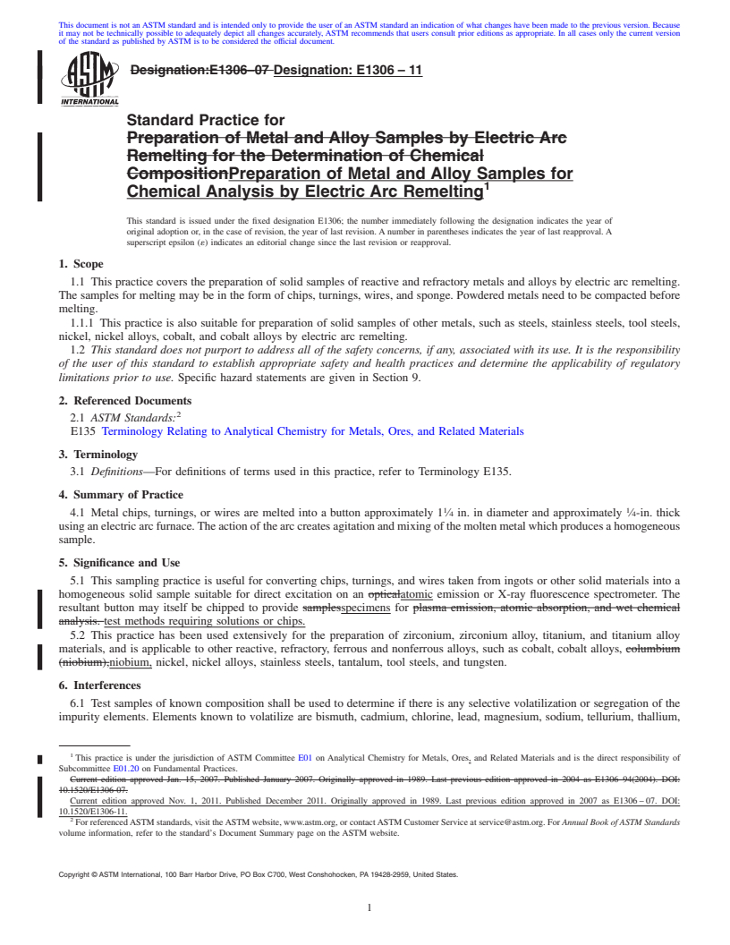 REDLINE ASTM E1306-11 - Standard Practice for Preparation of Metal and Alloy Samples by Electric Arc Remelting for the Determination of Chemical Composition