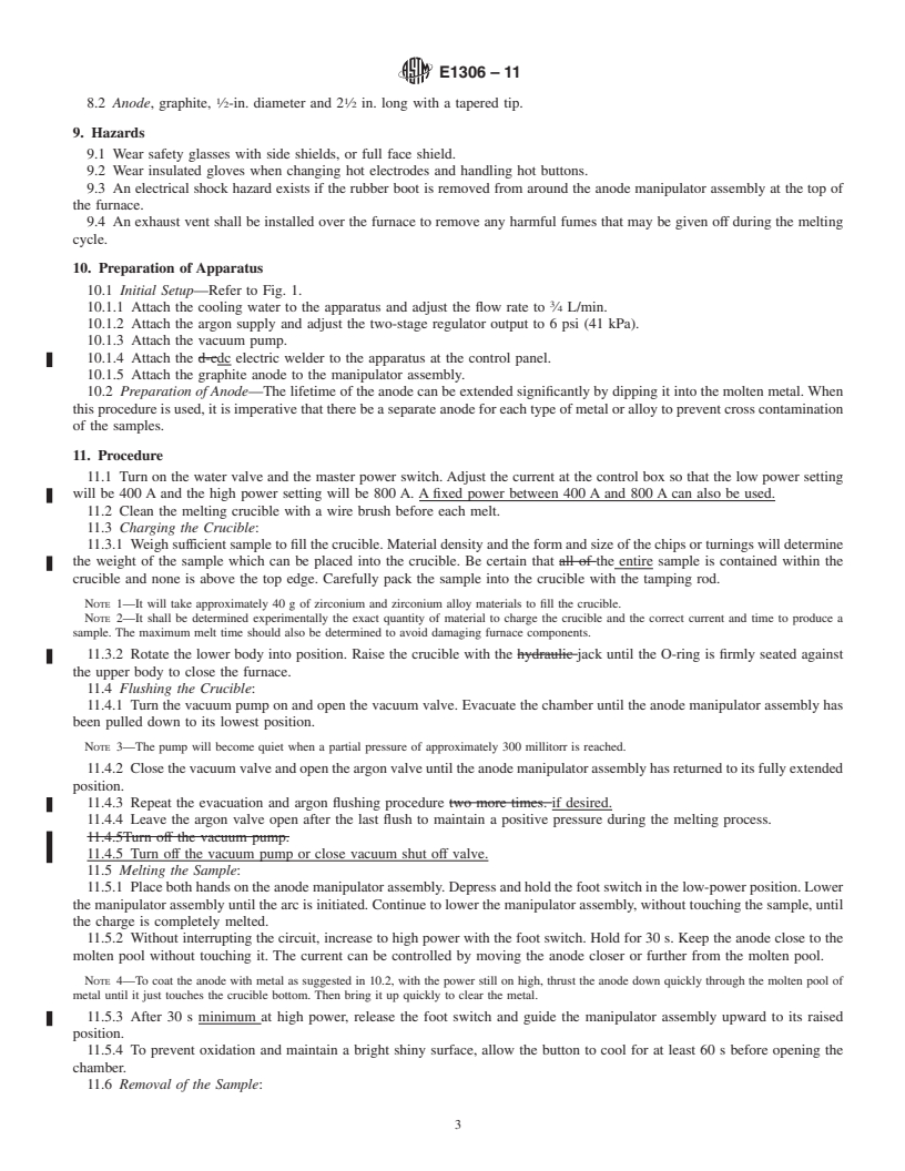 REDLINE ASTM E1306-11 - Standard Practice for Preparation of Metal and Alloy Samples by Electric Arc Remelting for the Determination of Chemical Composition