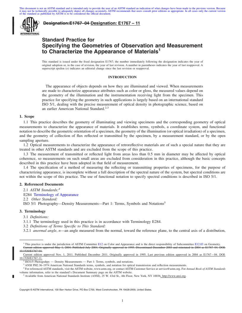 REDLINE ASTM E1767-11 - Standard Practice for Specifying the Geometries of Observation and Measurement to Characterize the Appearance of Materials