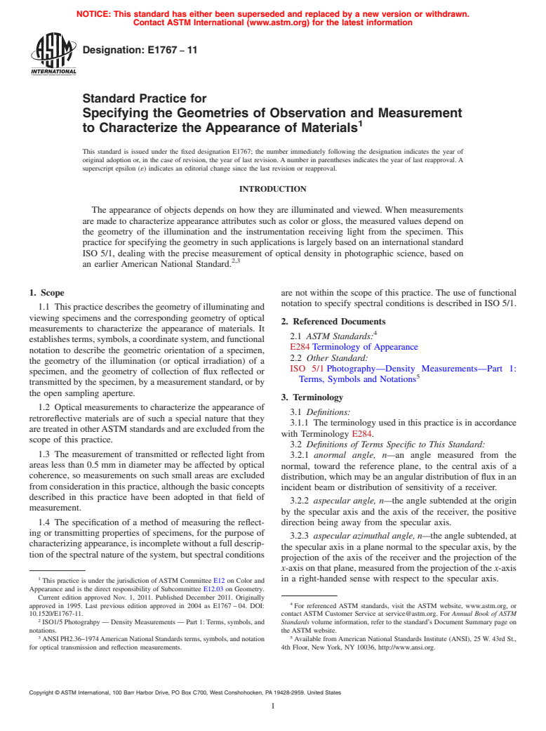 ASTM E1767-11 - Standard Practice for Specifying the Geometries of Observation and Measurement to Characterize the Appearance of Materials