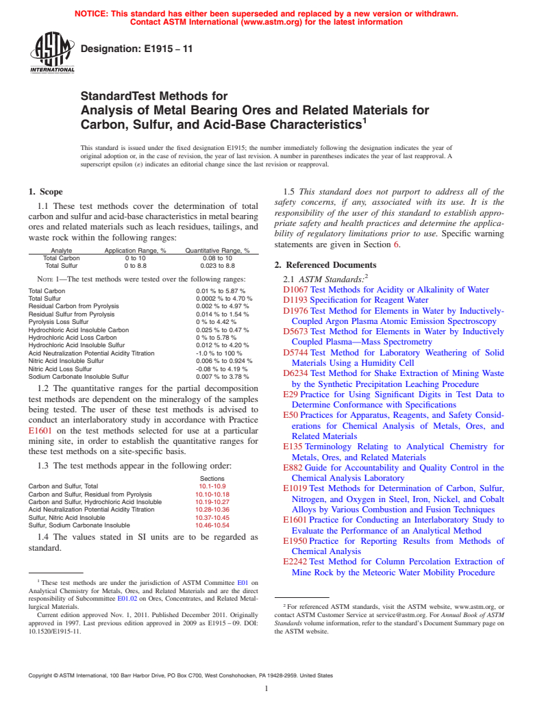 ASTM E1915-11 - Standard Test Methods for Analysis of Metal Bearing Ores and Related Materials for Carbon,  Sulfur, and Acid-Base Characteristics