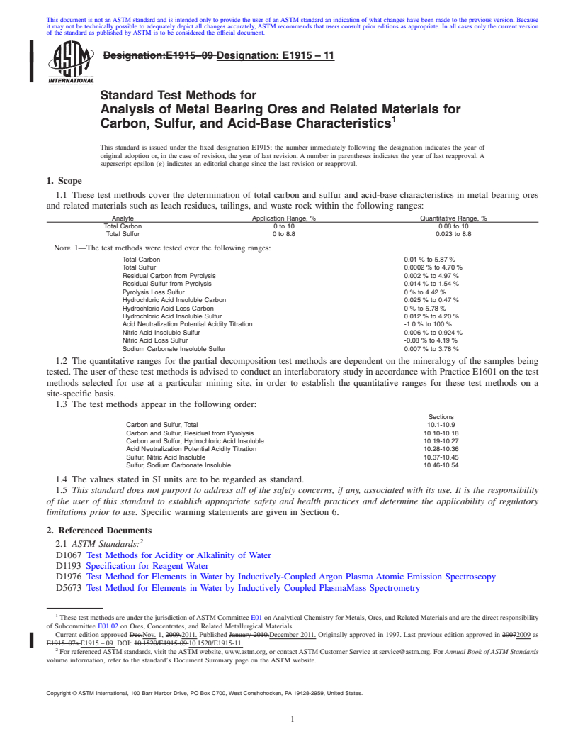 REDLINE ASTM E1915-11 - Standard Test Methods for Analysis of Metal Bearing Ores and Related Materials for Carbon,  Sulfur, and Acid-Base Characteristics