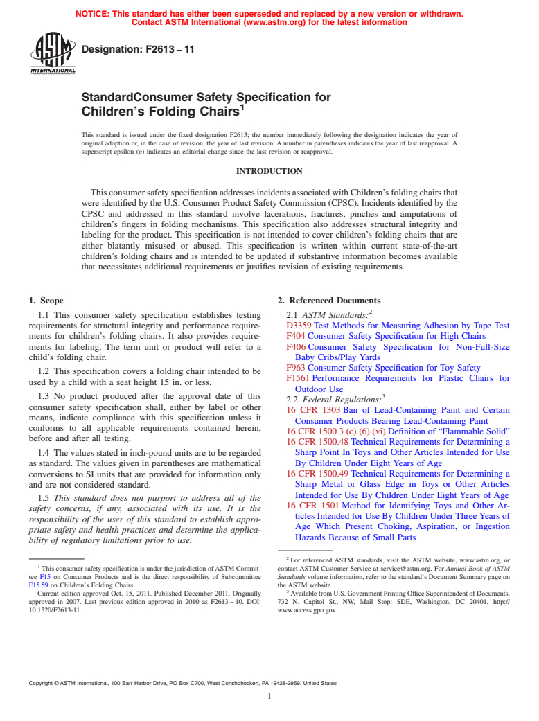 ASTM F2613-11 - Standard Consumer Safety Specification for Children's Folding Chairs