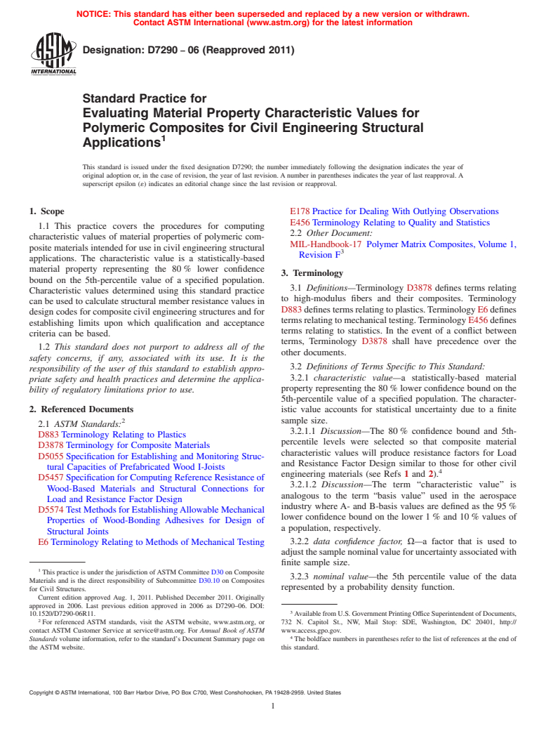 ASTM D7290-06(2011) - Standard Practice for Evaluating Material Property Characteristic Values for Polymeric Composites for Civil Engineering Structural Applications