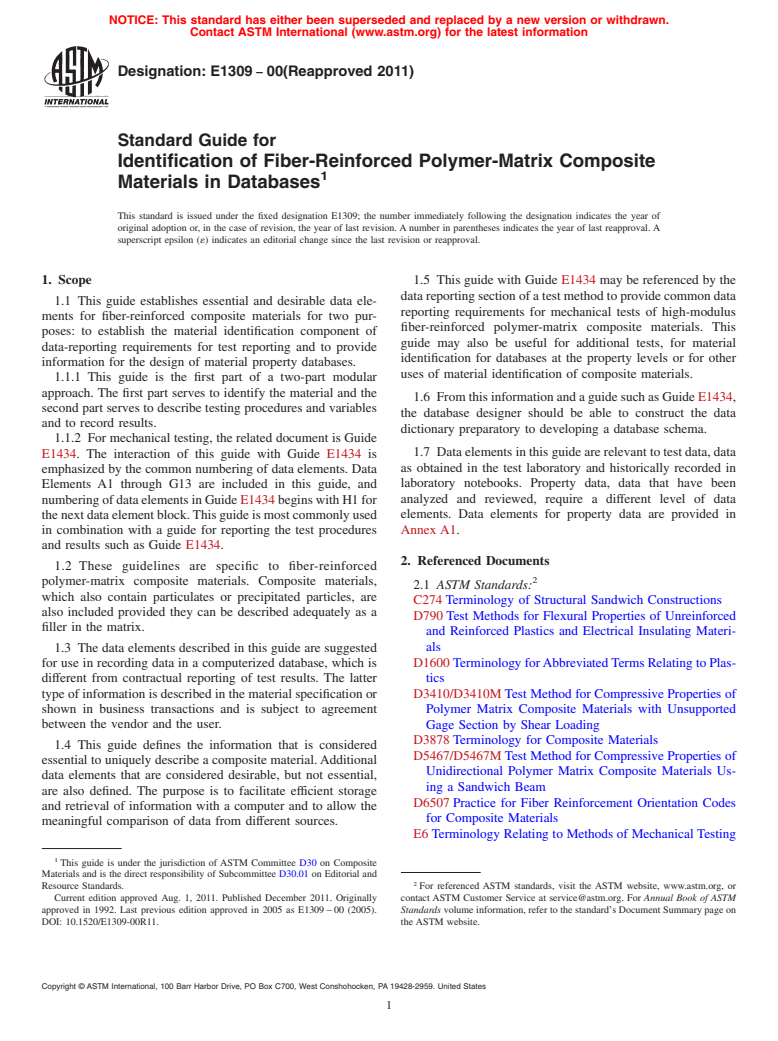 ASTM E1309-00(2011) - Standard Guide for Identification of Fiber-Reinforced Polymer-Matrix Composite Materials in Databases (Withdrawn 2015)