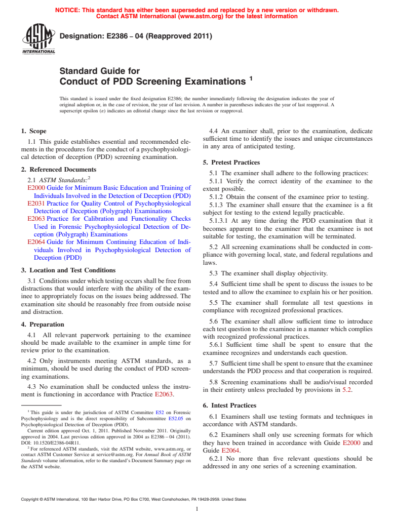 ASTM E2386-04(2011) - Standard Guide for the Conduct of PDD Screening Examinations