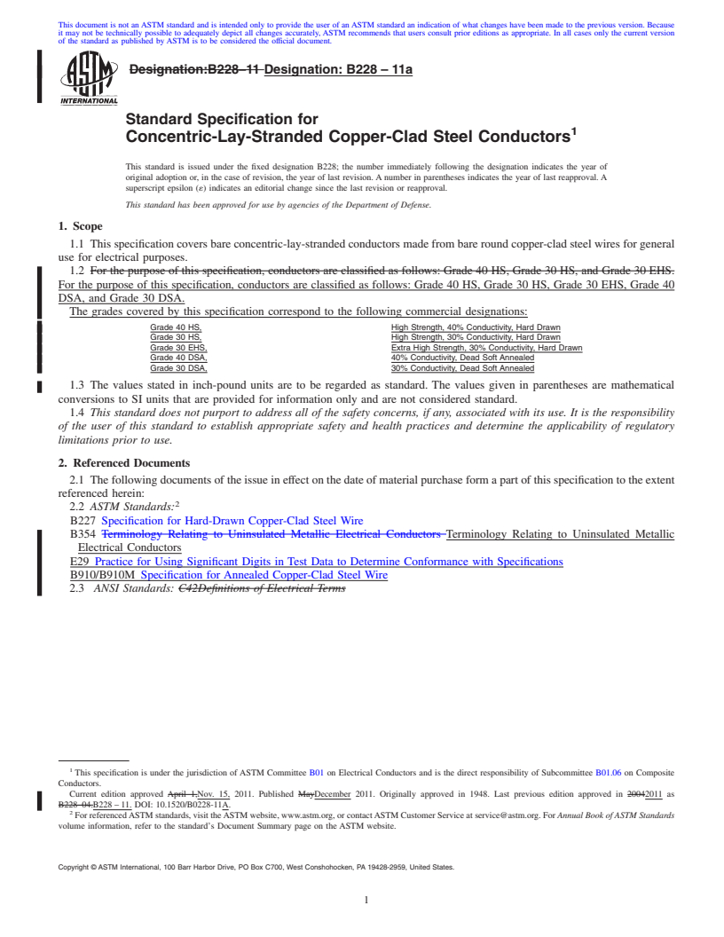 REDLINE ASTM B228-11a - Standard Specification for Concentric-Lay-Stranded Copper-Clad Steel Conductors