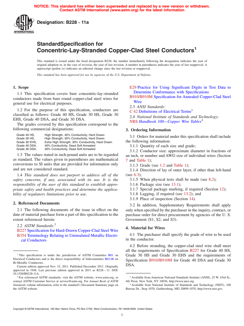 ASTM B228-11a - Standard Specification for Concentric-Lay-Stranded Copper-Clad Steel Conductors