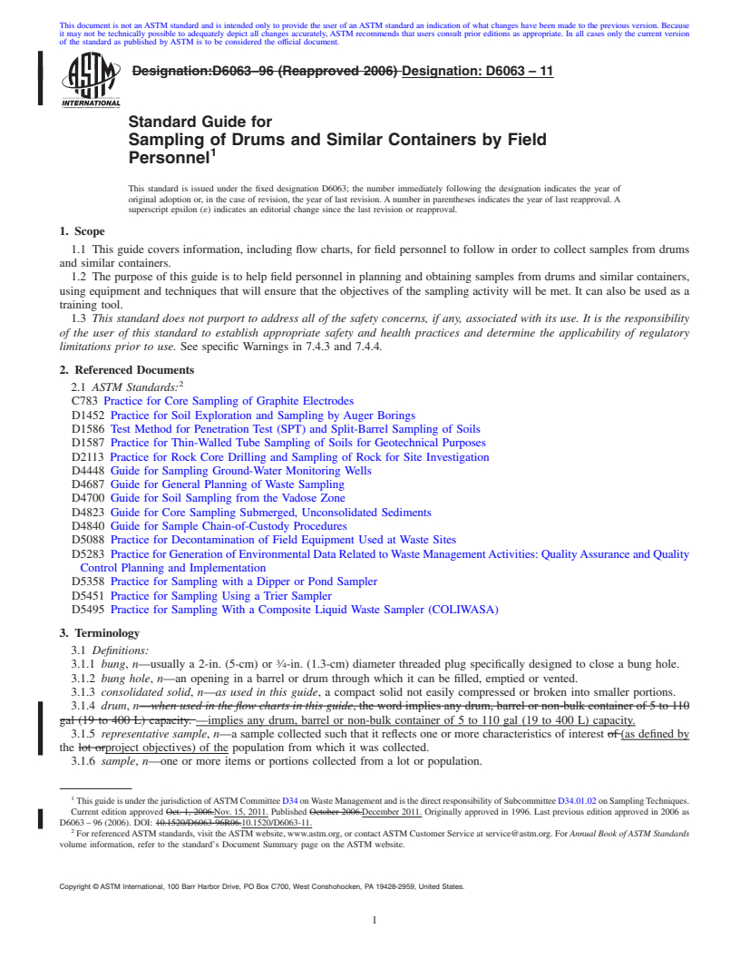 REDLINE ASTM D6063-11 - Standard Guide for Sampling of Drums and Similar Containers by Field Personnel