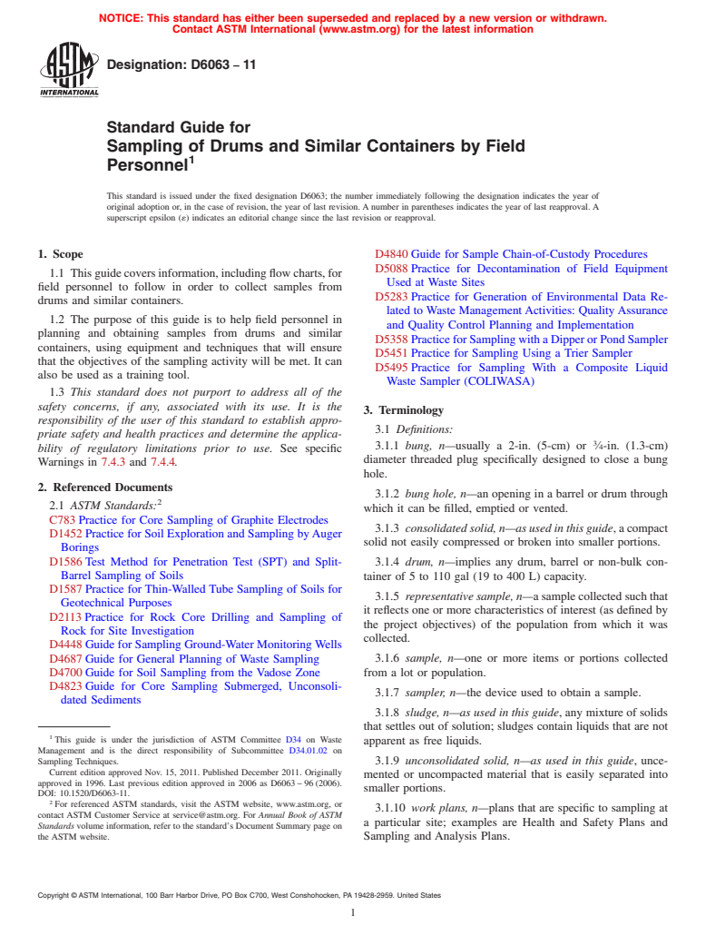 ASTM D6063-11 - Standard Guide for Sampling of Drums and Similar Containers by Field Personnel