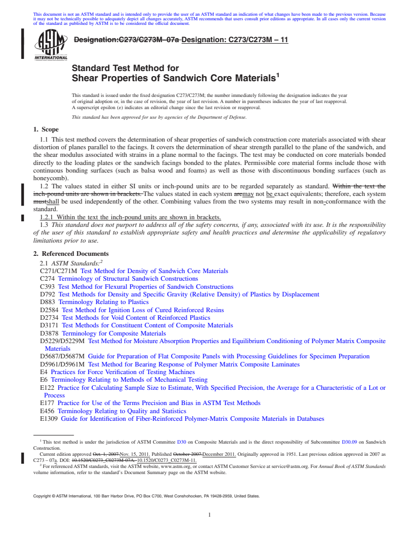 REDLINE ASTM C273/C273M-11 - Standard Test Method for Shear Properties of Sandwich Core Materials