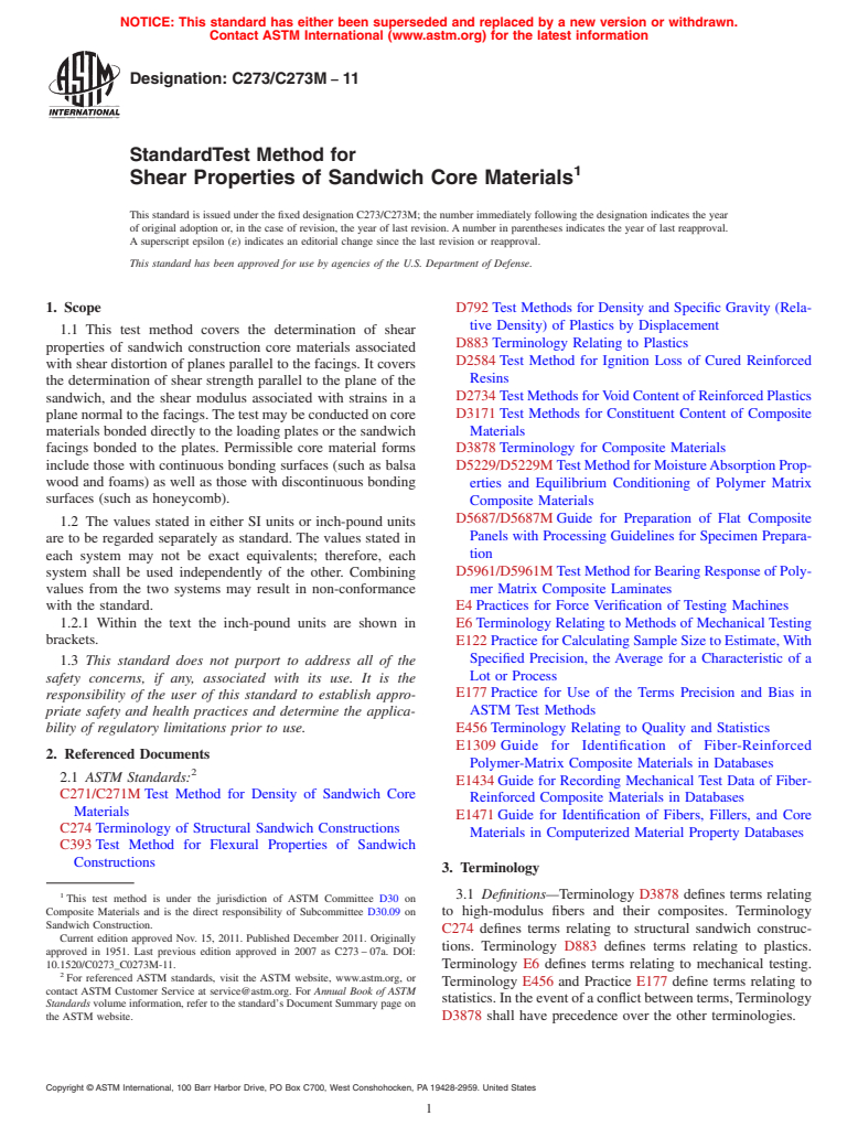 ASTM C273/C273M-11 - Standard Test Method for Shear Properties of Sandwich Core Materials