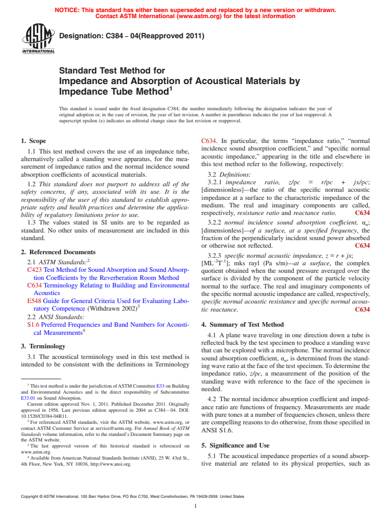 ASTM C384-04(2011) - Standard Test Method for  Impedance and Absorption of Acoustical Materials by Impedance Tube Method